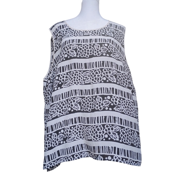 Bob Mackie Tops - Bob Mackie Silk Black White Floral Striped Sleeveless Blouse Size 2XL